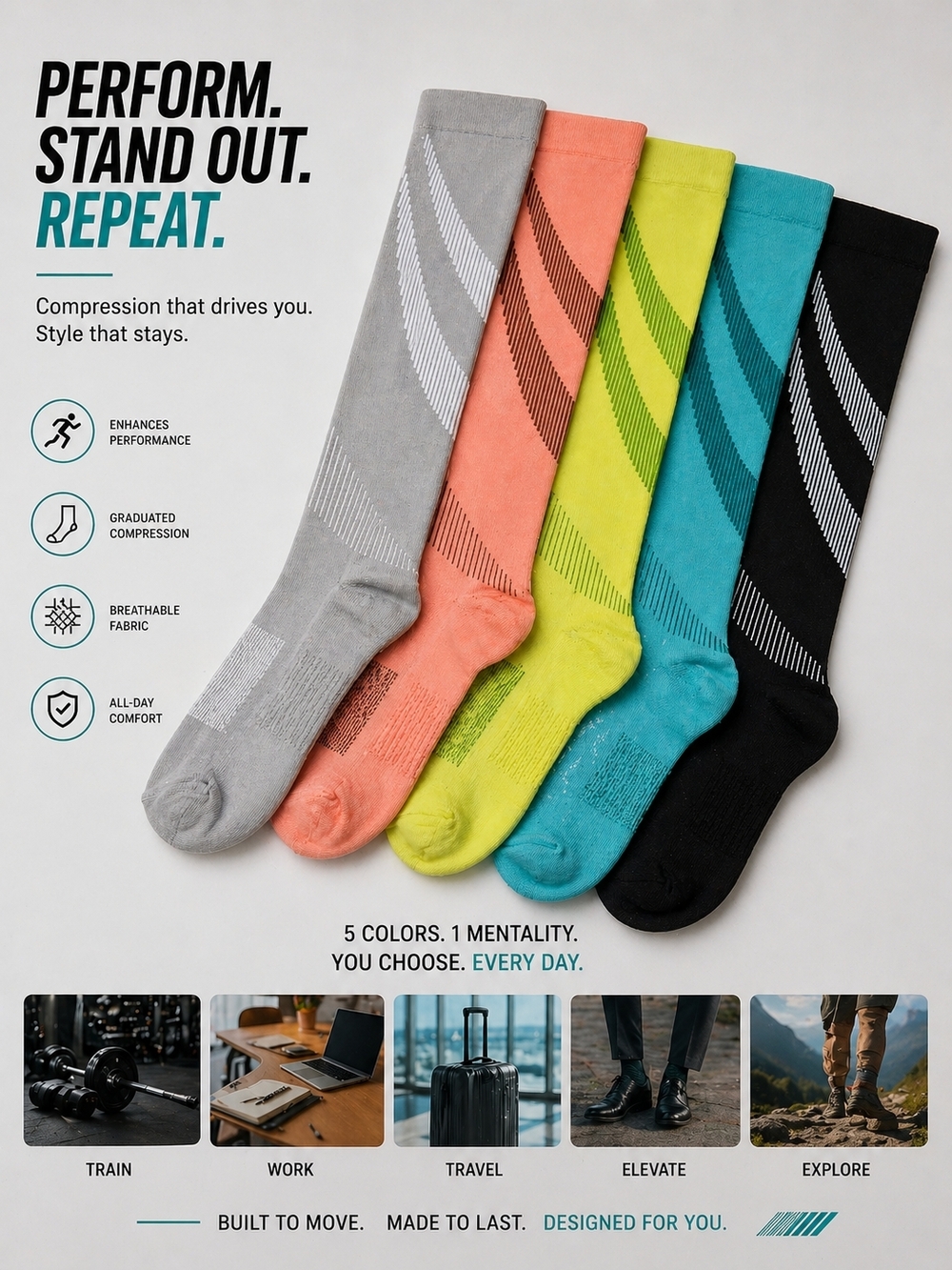 Performance Compression Crew Socks - Gray, Coral, Lime, Teal, Black, 20-30